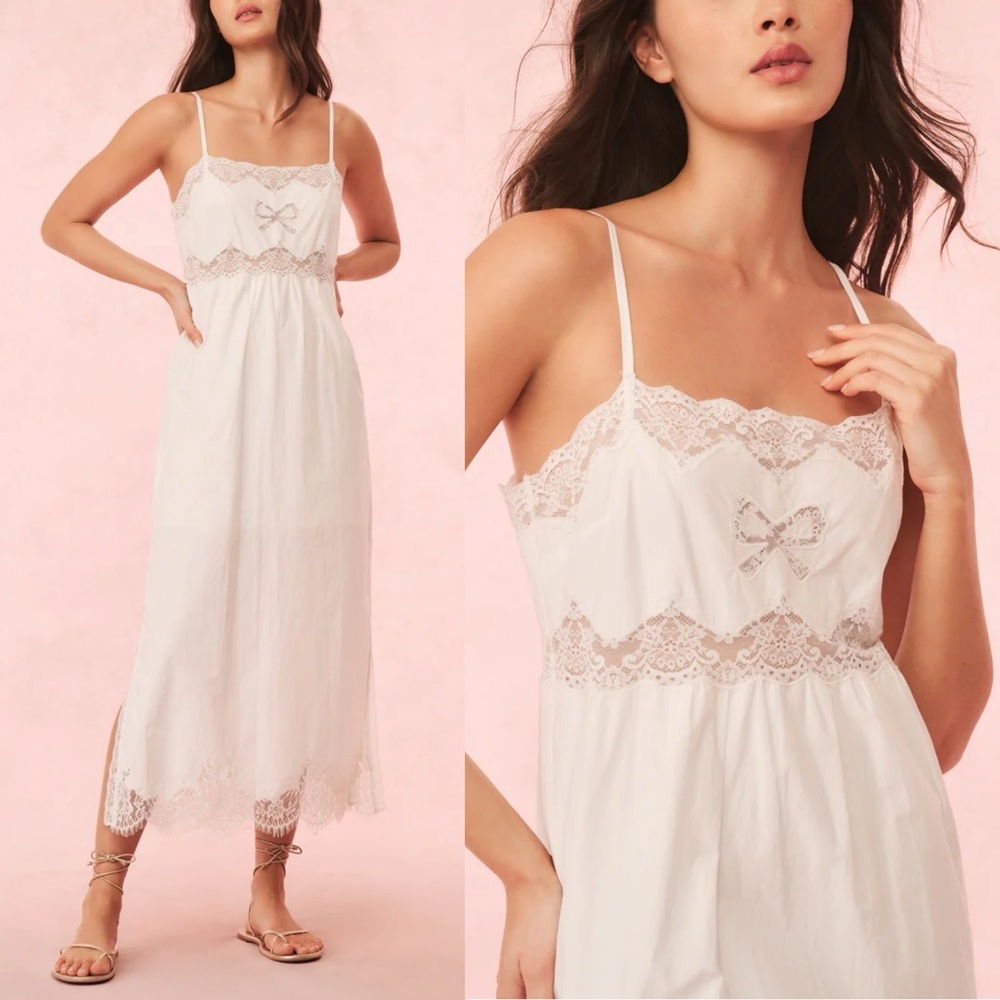 LoveShackFancy New Vinca Cotton Lace Bow Midi Dress in Optic White